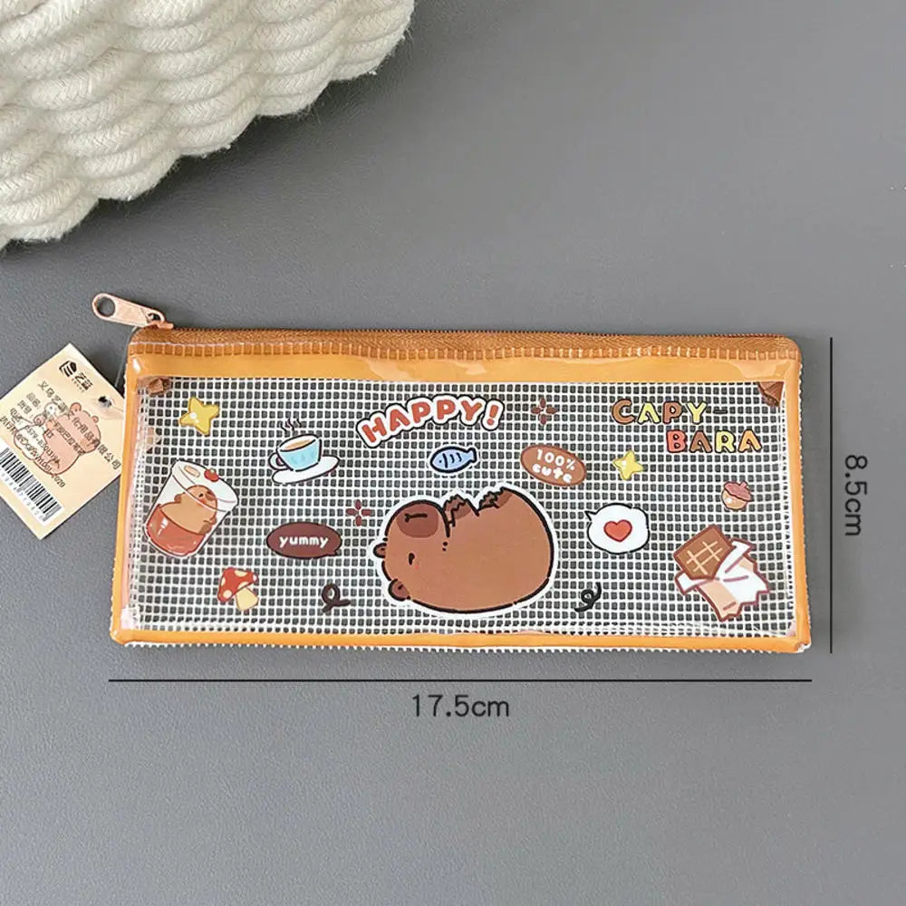 Cartoon Capybara Pencil Case Transparent Waterproof Zipper Pen Pouch Large Capacity Stationary Organizer Bag School Supplies