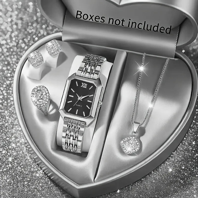 5PCS/Set Elegant Rectangle Women Watches Fashion Roma Dial Ladies Quartz Wristwatch Rhinestone Jewelry Set（Without Box）