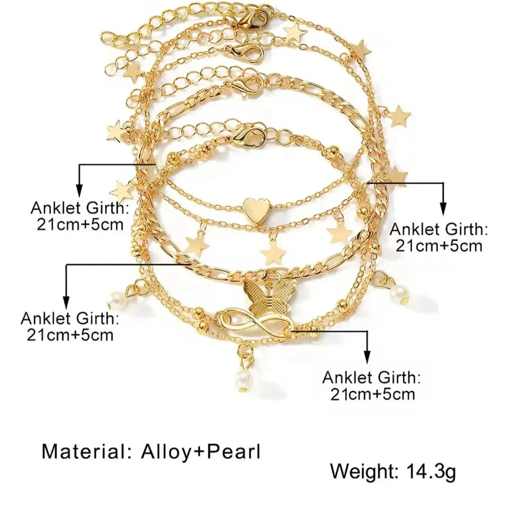 4Pcs Bohemian Butterfly Metal Butterfly Star Heart Pendant Women's Star Heart Pearl Charm Anklet Bracelet Women's Summer Beach Jewelry Accessories