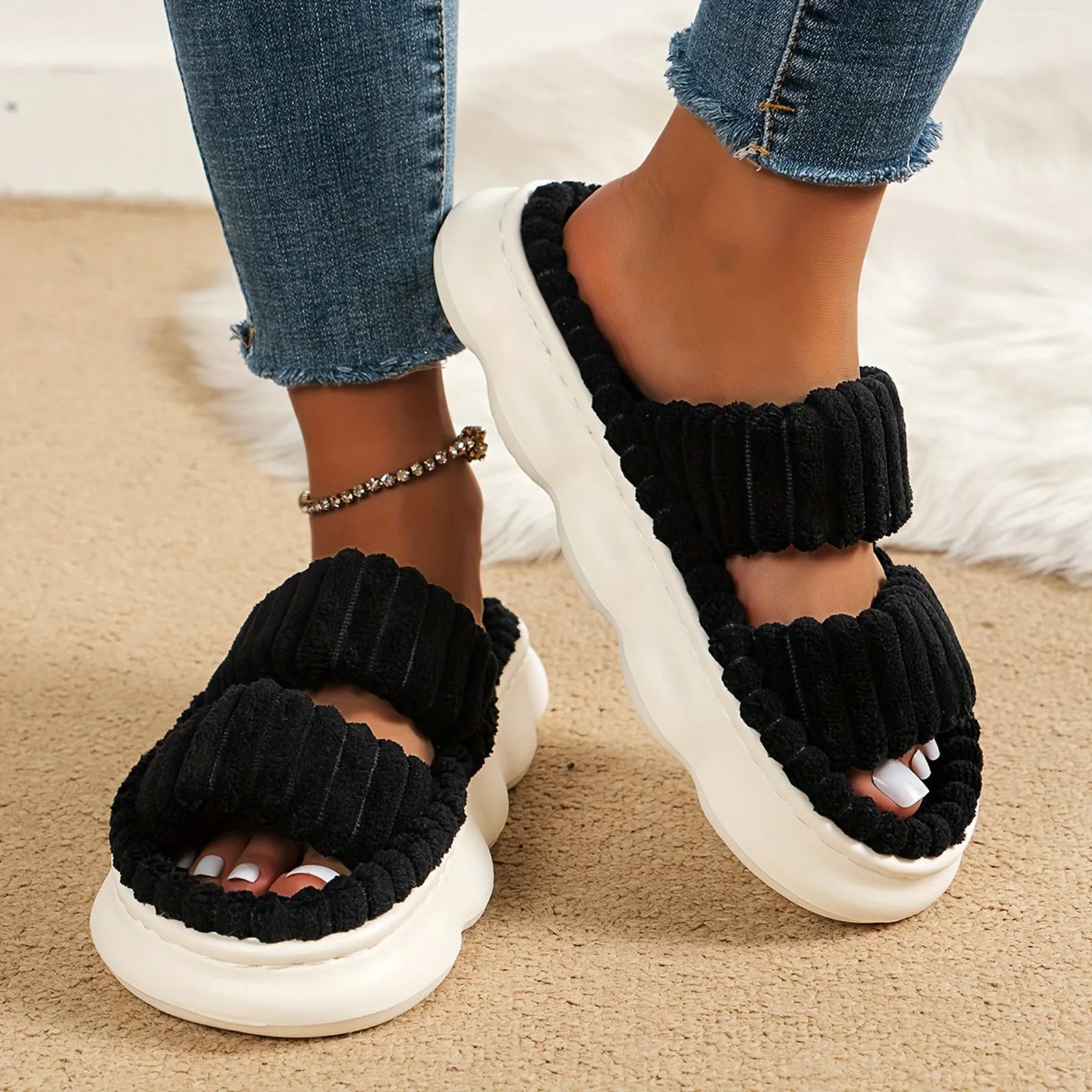 Women's Corduroy Slippers Living Room Shoes Cute Memory Foam Bedroom Slippers Home Female Slippers 2024 New Anti Slip Slippers