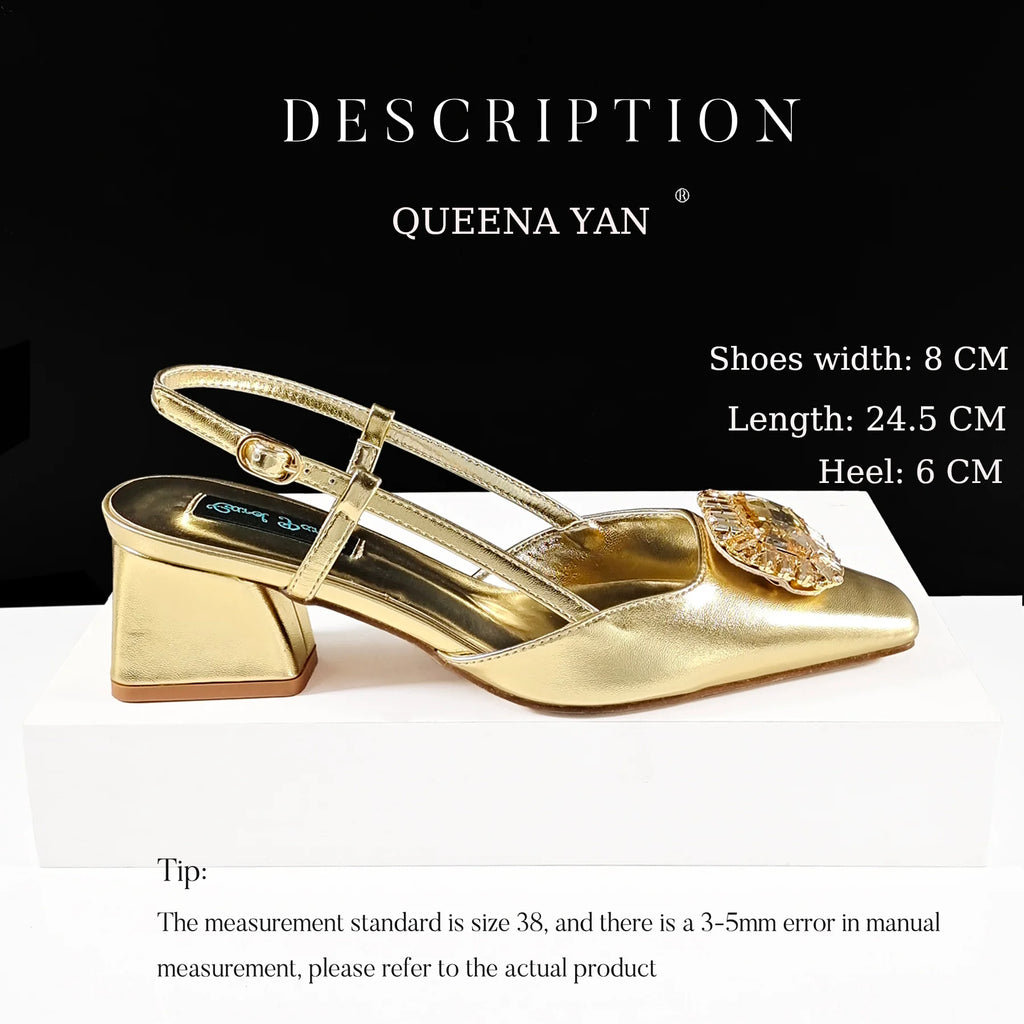 Queena Yan Elegant Comfortable Mid-Heeled Shoes Sparkling Diamonds Pointed-Toe Design Ladies High Heels