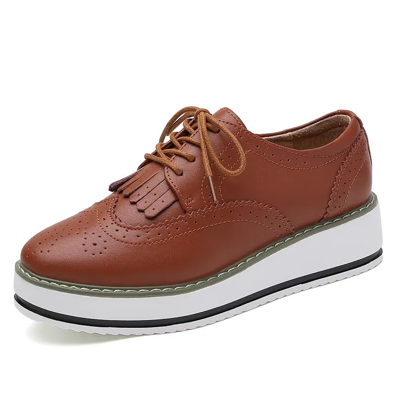 EOFK Spring Autumn Women Derby Platform Flats Brogue Leather Lace up Classic Bullock Footwear Gold Female Oxford Shoes Lady