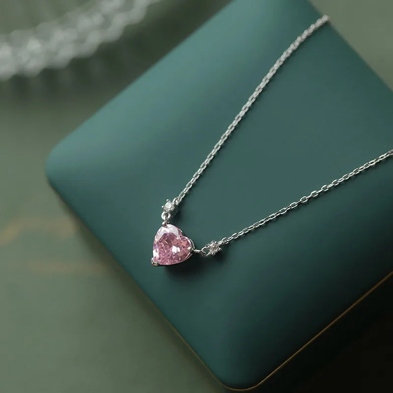ANENJERY Pink Zircon Love Heart Necklace for Women New Fashion Sweet Design Clavicle Chain collares para mujer