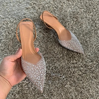 Summer Womens Pointed Toe High Heels Sandals Sexy Woman Shoes Fashion Pearl Decoration Party Wedding Slingback Woman Sandal Shoe