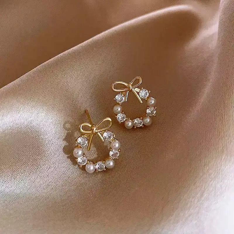 2PCS Fashion Luxury Zircon Starfish Shell Women's Earrings, Simple Flower Leaf Lmitation Pearl Earrings Party Wedding Jewelry