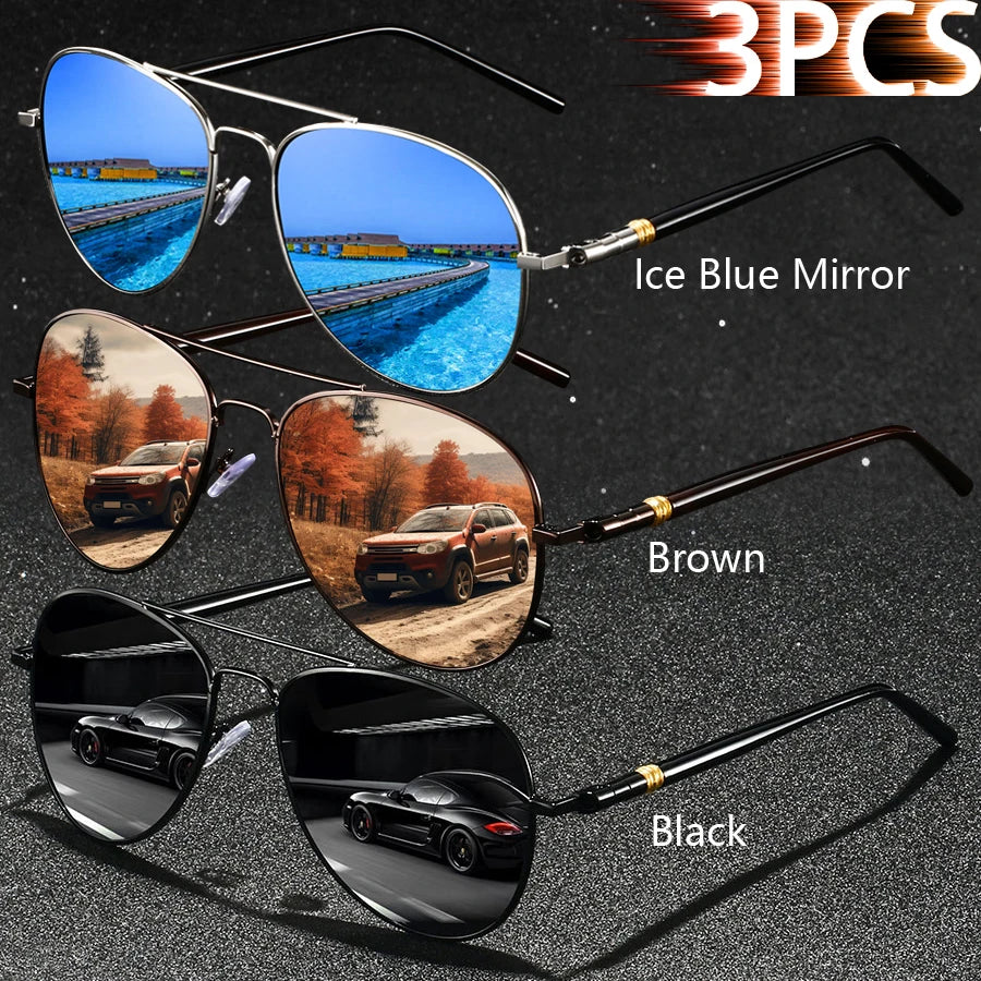 3PCS Fashion Vintage Square Metal Frame Sunglasses Men Women Fishing Driving Luxury Brand Designer Sun Glasses  Eyewear