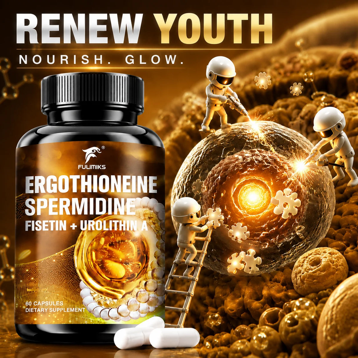 Ergothioneine & NAD+ 1500mg 2-in-1 Supplement Set, with Spermidine, Fisetin & Resveratrol, Support Cellular Energy Production, Maintain Healthy Aging, for Men & Women