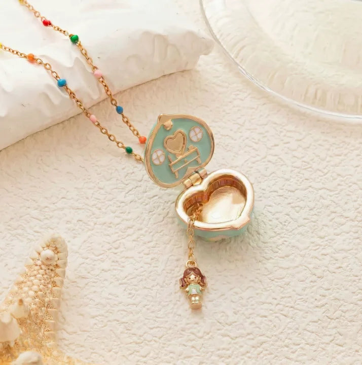 Fairy Tale Gingerbread House Necklace Open and Close Pendant Necklace Women Girls Enamel House Girl Necklace Jewelry Accessory