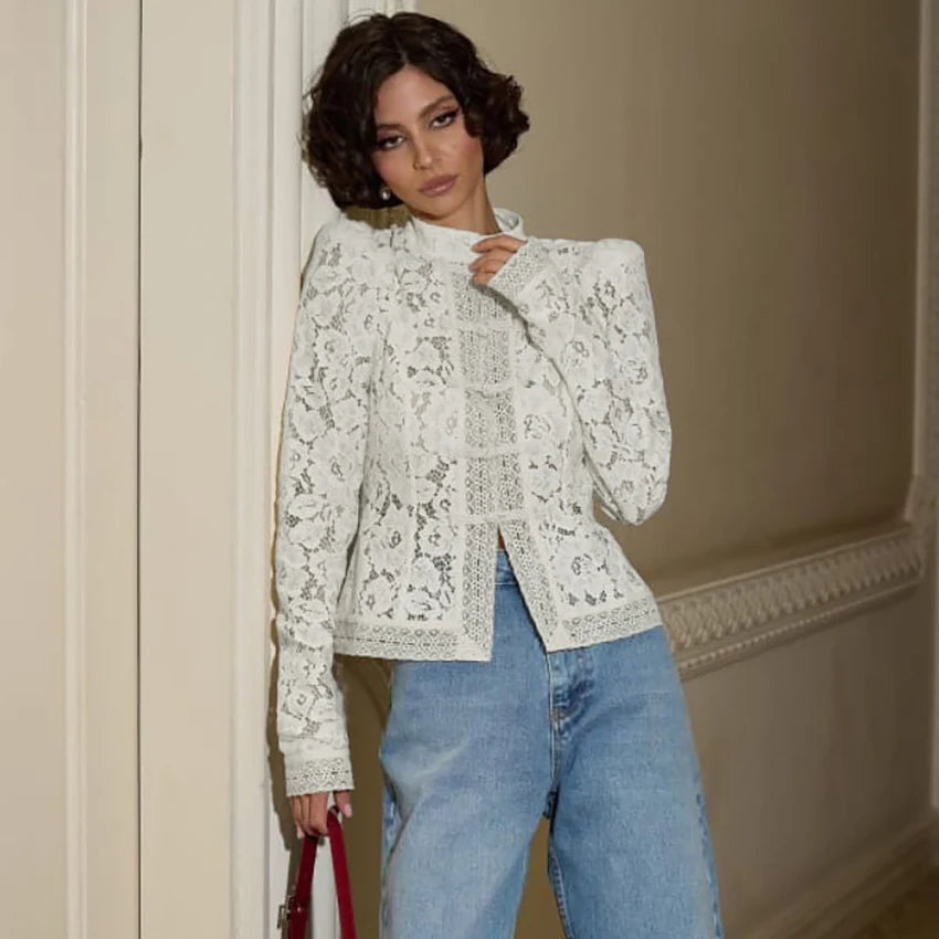 Linad Elegant Embroidery Puff Sleeve White Shirts Summer Sexy Hollow Out Lace Blouse Casual Sand Collar Top 2025 Vintage Shirts