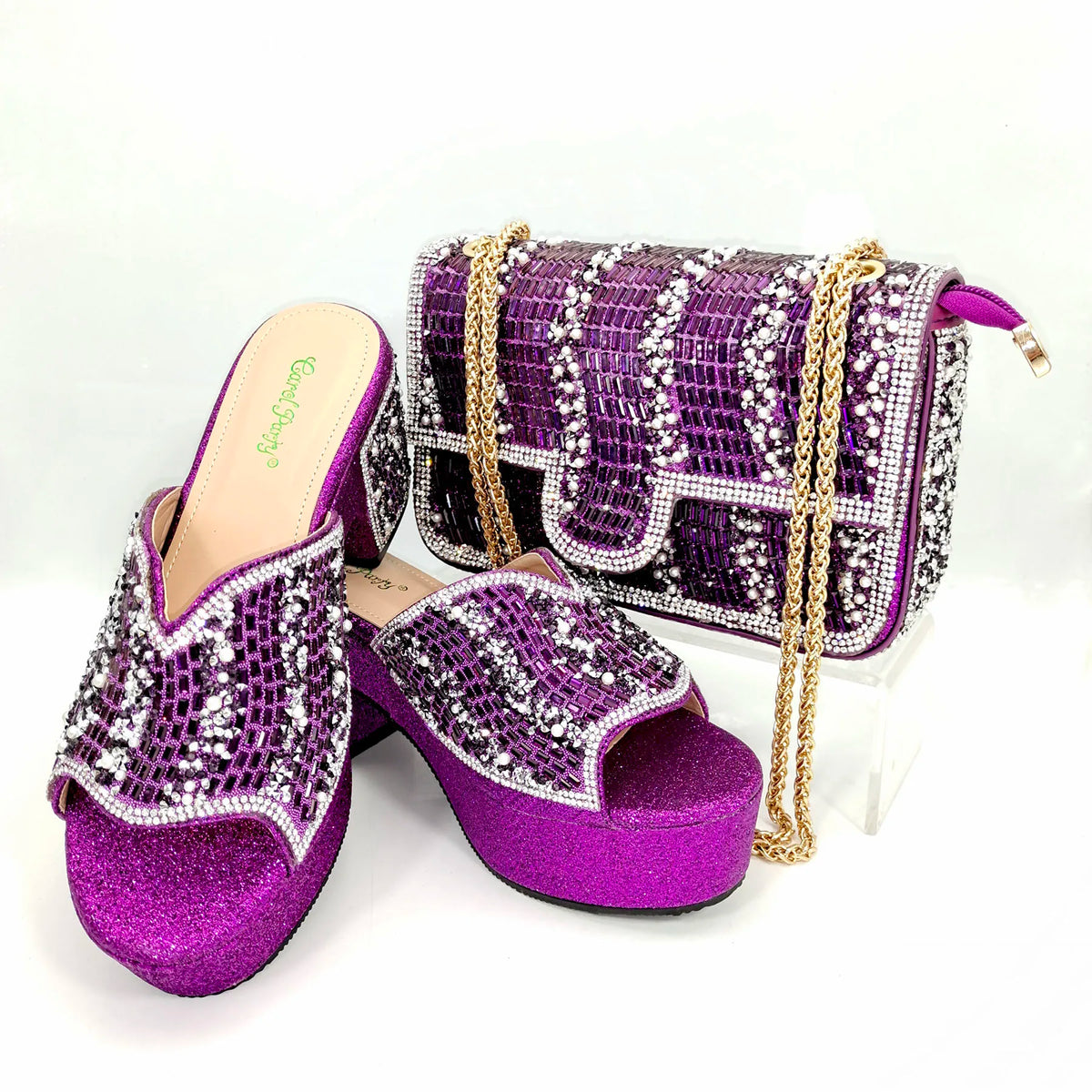 QSGFC Italian Design Fashion Crystal Fish Mouth High Heels Elegant, Exquisite, And Mature Women's Sandals And Square Bag Set