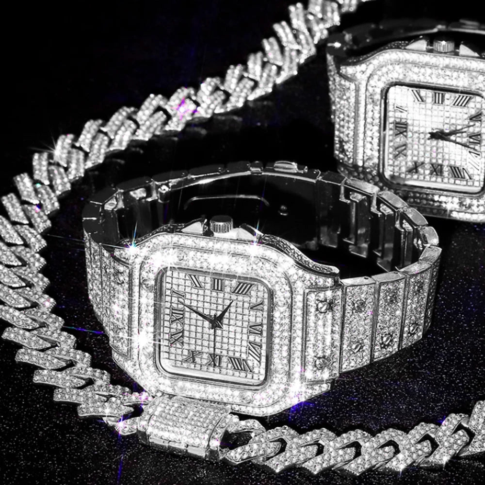 3pcs Men's Watch Set Hip-hop Punk Inlay Diamond Square Watch+Cuban Chain+Bracelet Comes With Strap Adjuster Stylish Jewelry Gift