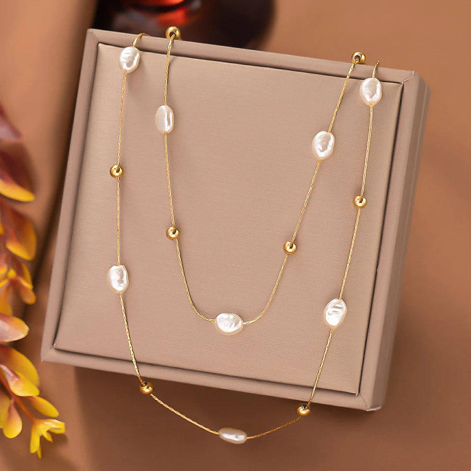 Yupsk 316L Stainless Steel Double Layer Pearl Choker Necklace for Women 2in1 Chains Necklaces Bridal Wedding Party Jewelry