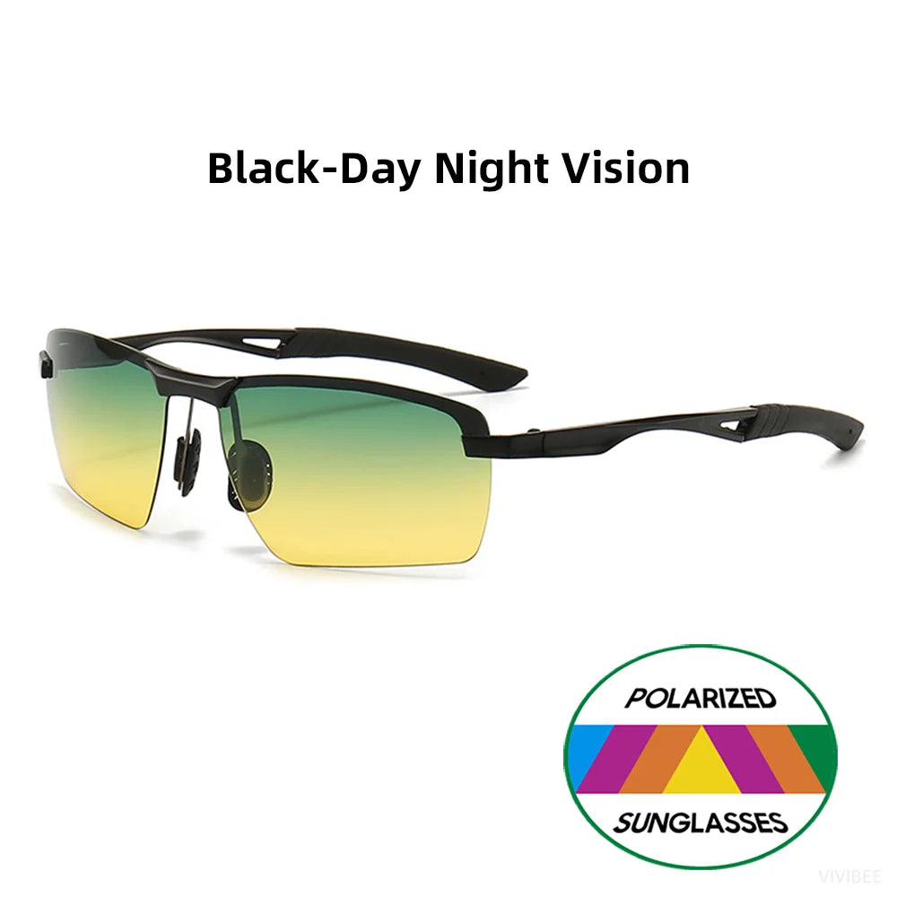 Men Day and Night Vision Glasses for Driving Yellow Polarized Lens Metal Rimless Frame UV400 Goggles Anti Glare Sunglasses