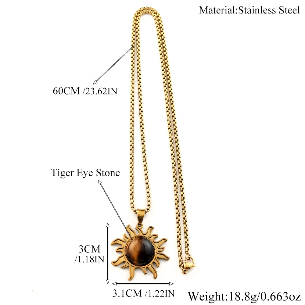 Natural Stone Tiger Eye Charm Sun Pendant Necklace Gold Color Stainless Steel Neck Chain Necklaces For Women Jewelry Accessories