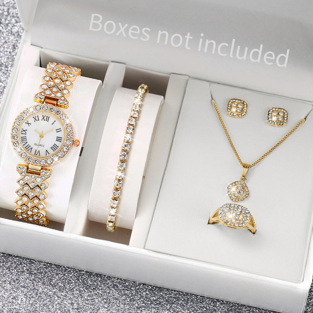 6PCS/Set Luxury Women Watches Fashion Rhinestone Roma Dial Bracelet Band Quartz Watch Jewelry Set Reloj Mujer（Without Box）