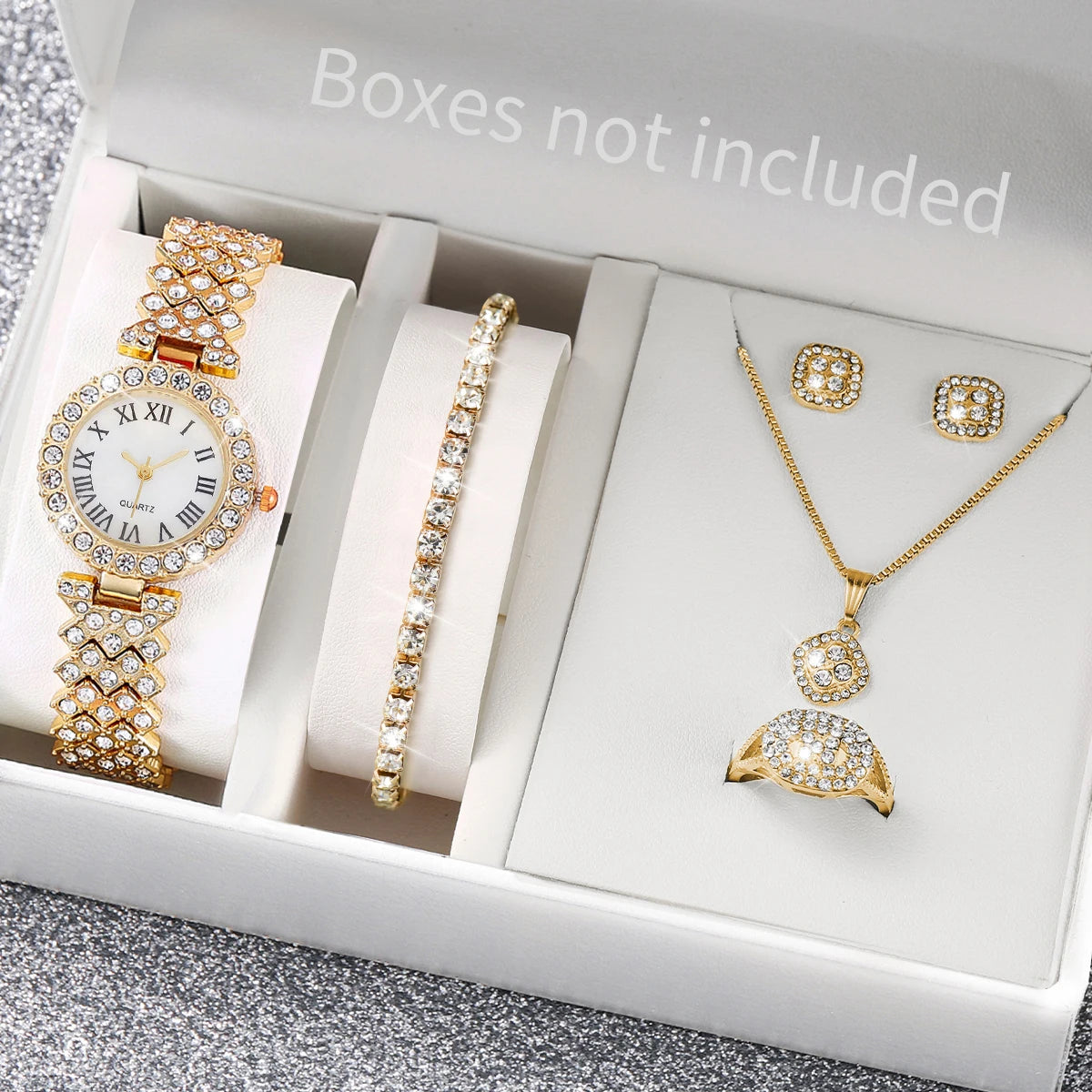 6PCS/Set Luxury Women Watches Fashion Rhinestone Roma Dial Bracelet Band Quartz Watch Jewelry Set Reloj Mujer（Without Box）
