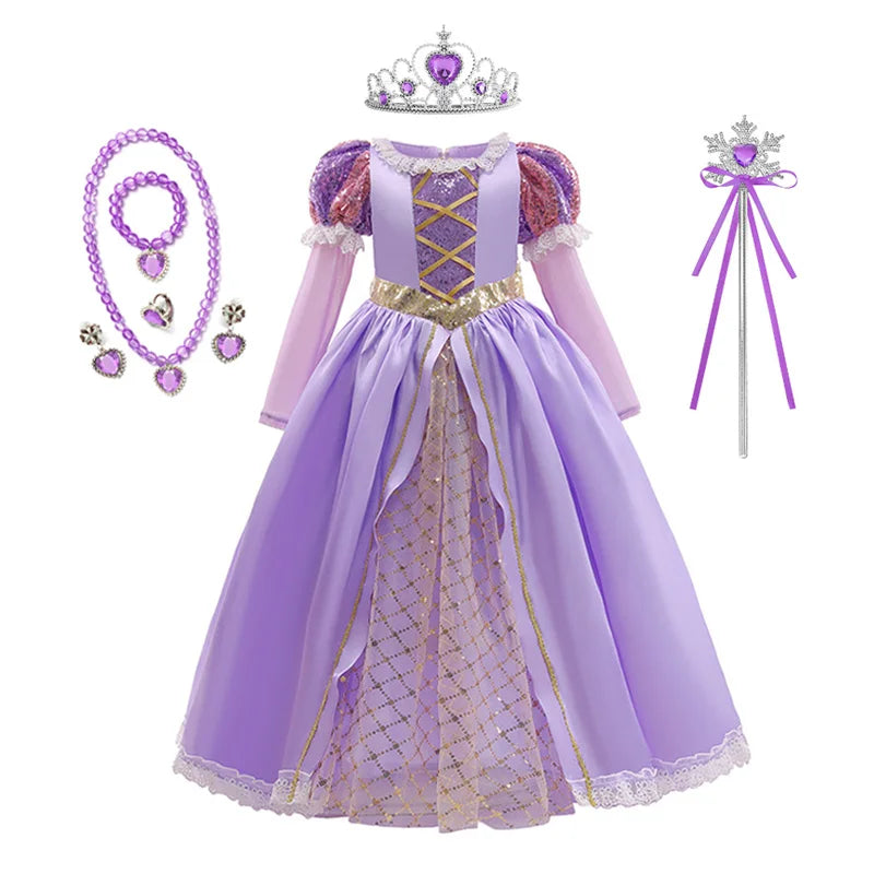 Rapunzel Princess Dress for Girls Tangled Cosplay Costume Kids Halloween Christmas Carnival Birthday Party Fancy Clothes