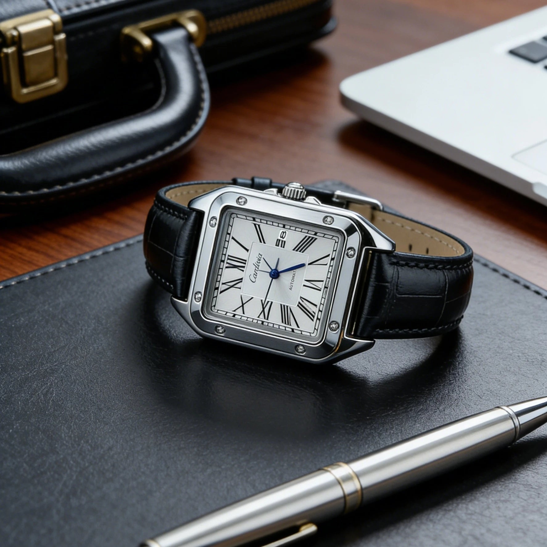 Men's Square Roman Numeral Quartz Watch, Luxury Stainless Steel Case, Black Leather Strap, Automatic Style Wristwatch, Waterproof, Business Dress Watch, Date Display, Elegant Watch, Suitable for Gentlemen's Casual and Formal