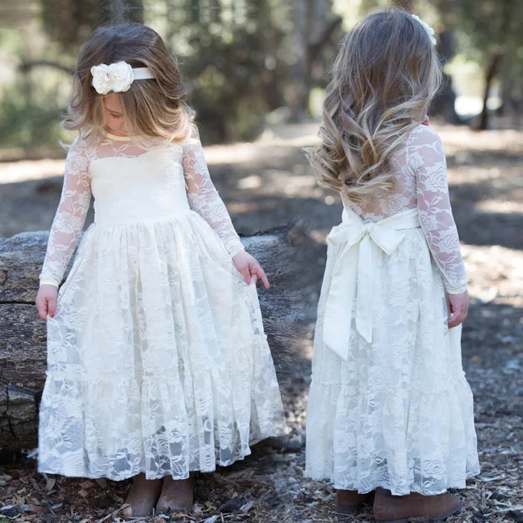 Girls Spring Summer Princess Dress with Lace Rose Embroidery Long Sleeve and Bow Belt