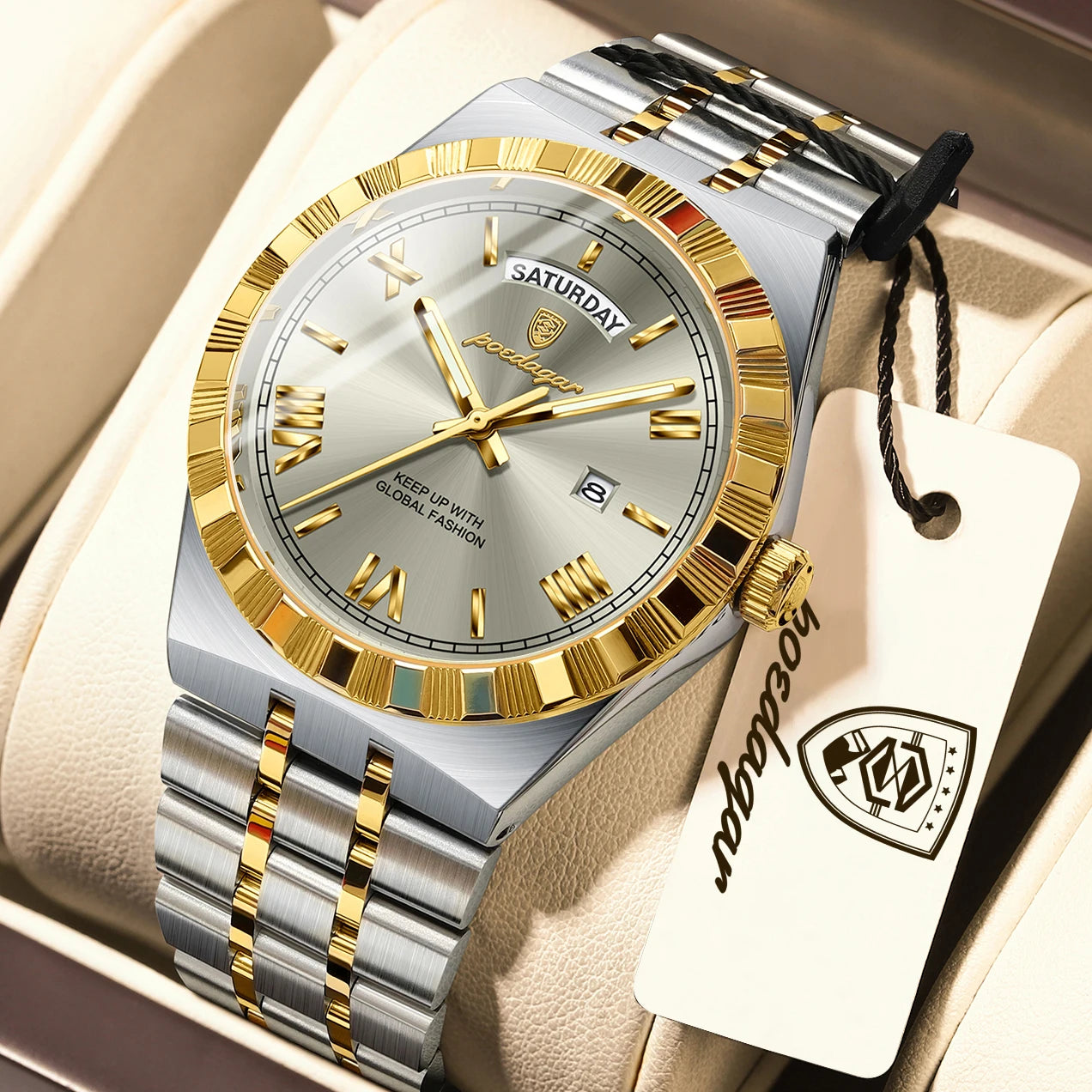 POEDAGAR Fashion Business Men's Watch Luminous Waterproof Week Date Luxury Man Wristwatch Stainless Steel Quartz Watches For Men