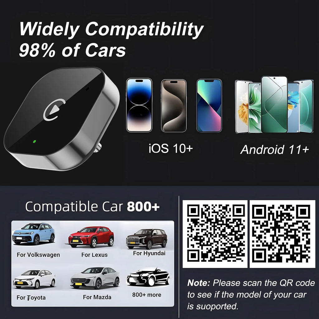 USB C Upgraded 2-in-1 Wireless CarPlay & Android Auto Adapter, Plug & Play Compatible with iPhone & Android Smartphones.