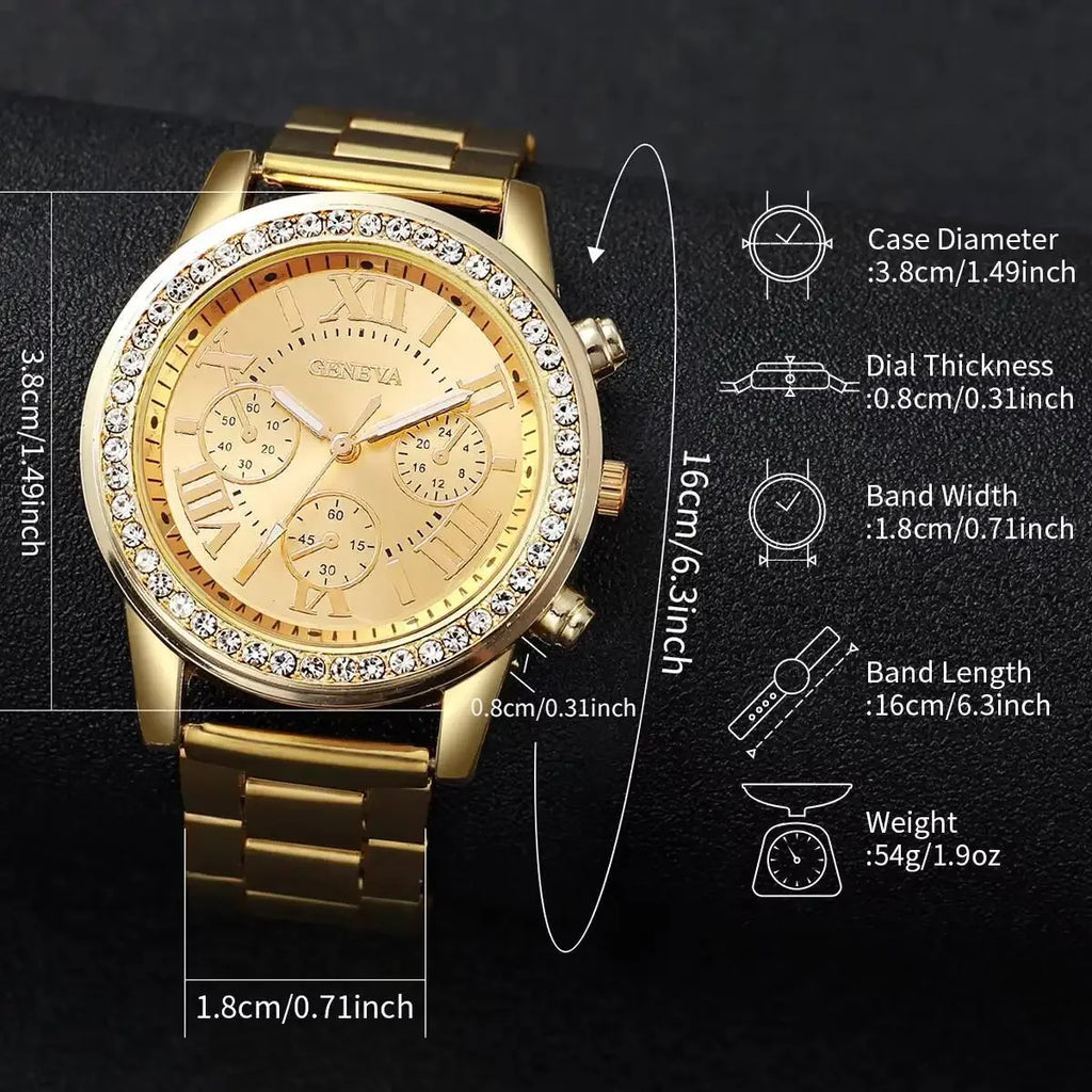 6PCS/Set Fashion Rhinestone Women Watches Ladies Roma Dial Quartz Wristwatches Jewelry Set Reloj Mujer（Without Box）