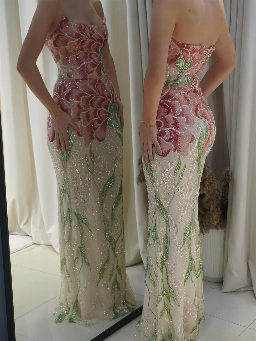 Sansa Customized Champagne Prom Dresses Elegant Strapless Floral Beaded Mermaid Lace-up Back Vestidos De Noche Floor Length Form