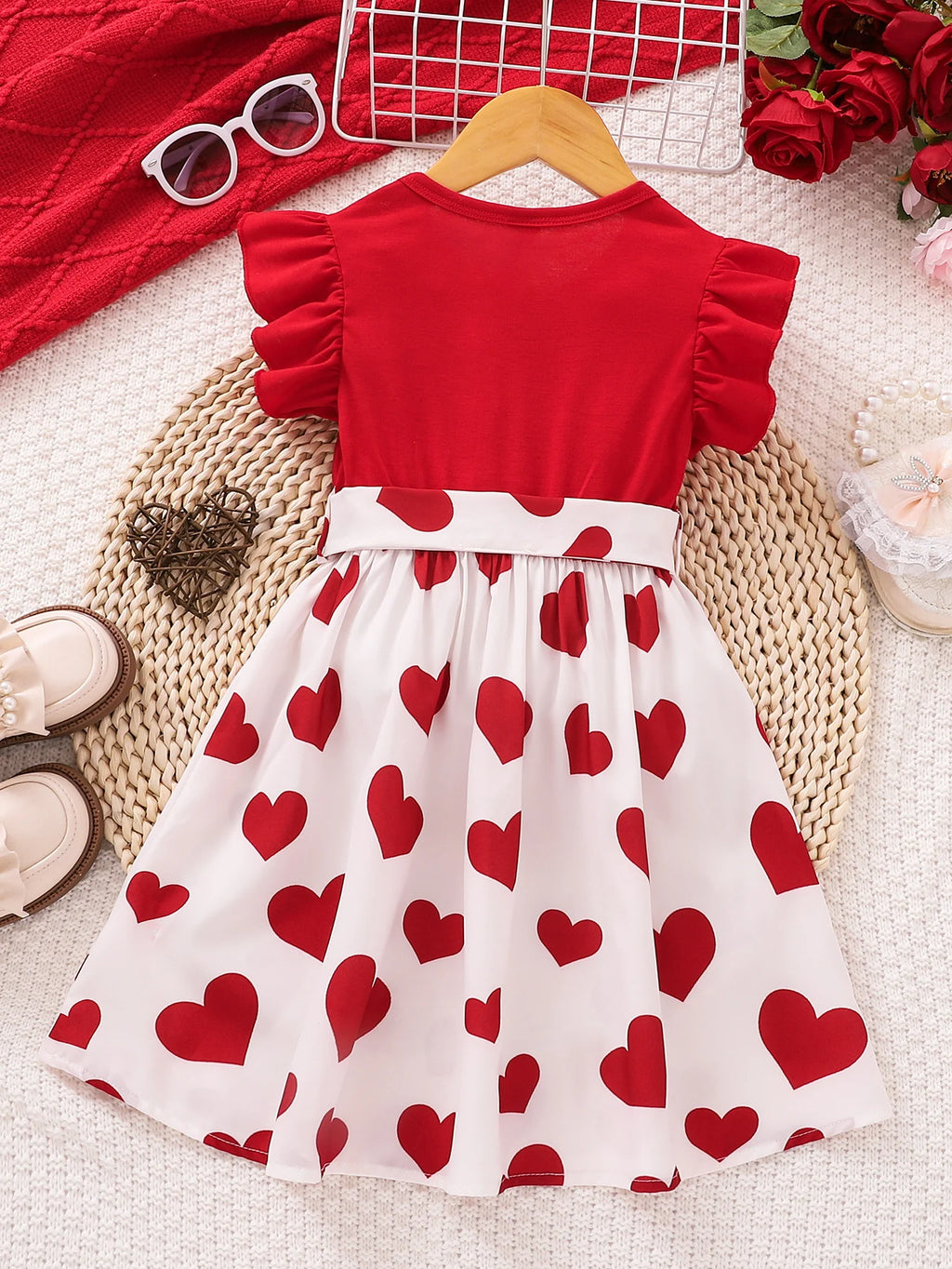 2024 Summer Cute Red Love Princess Children's Short sleeved Dress Casual Party Clothing