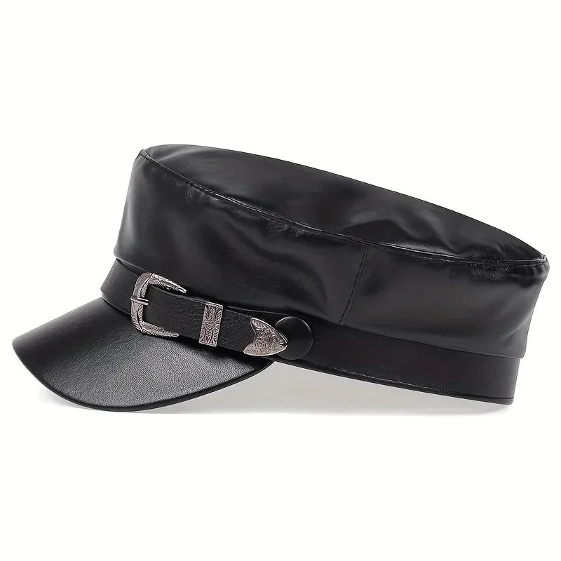 Women's Fashion Leather Beret with Large Belt Buckle – Spring/Autumn Flat Top Captain Military Cap, Unisex Sailor Hat