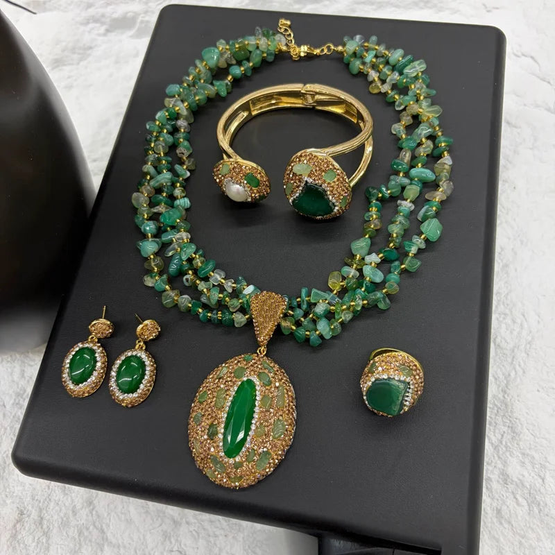 Vintage 4pcs Necklace Earring Ring Bracelet Crystal Stone Jewelry Sets for Women Natural Amethyst Tigers Eye Statement Jewelrys