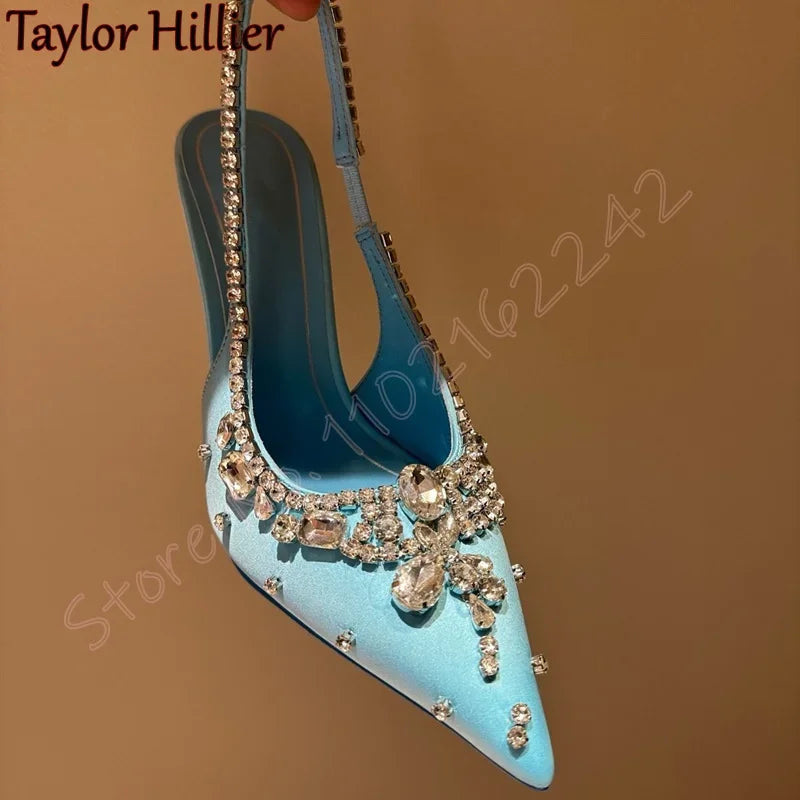 Spring New Pink Rhinestone Pumps Women'S Elegant Satin Stiletto High Heels Fashion Back Strap Luxury Dress Evening Pumps Sandals