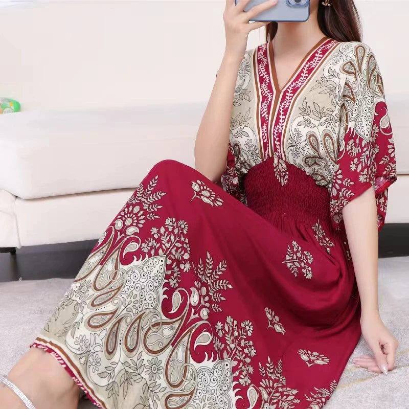 2025 Summer New Casual Elegant Retro Bohemian Style V-neck Elastic Waist Large Swing Printed Long Skirt Autumn Summer Dress