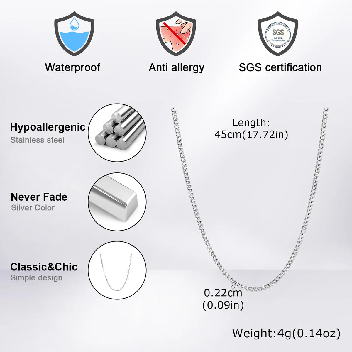 2mm Casual Stainless Steel Cuban Chain Necklace for Men,Hip Hop Punk Silver Color Metal Chain Link Layers Collars Jewelry
