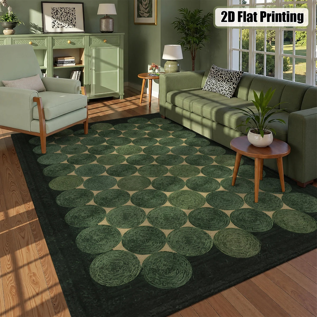 Large Indoor Area Rug, Soft Velvet Low Pile Rug with Non-Slip Dotted Backing & Machine Washable, Modern Geometric Moss Green Circle Pattern for Living Room, Bedroom, Entryway