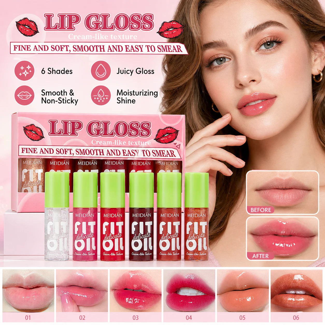 6Pcs Lip Oil Gloss Set, Hydrating High-Shine Non-Sticky Lip Gloss, Moisturizing Clear Pink Red Tint, Travel Makeup Gift