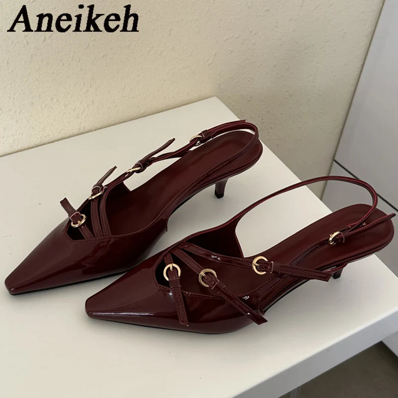 Aneikeh 2026 Designer Buckle Strap Narrow Band Pumps Women Sexy Pointed Toe Thin Heels Wedding Banquet Dress Mule Ladies Shoes