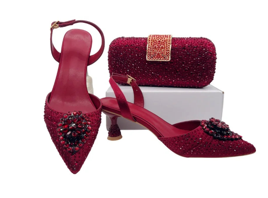 INSIGHTLINK Wine Color Rhinestone high heel shoes And Bag Fashion Style Pointed-Toe Shoes For Women Luxury Wedding Party Sandals