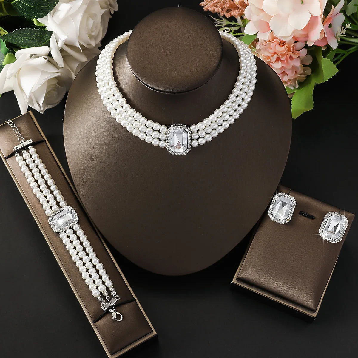 Light luxury candy colored pearl jewelry set with elegant double-layer design for wedding/Valentine's Day gift jewelry