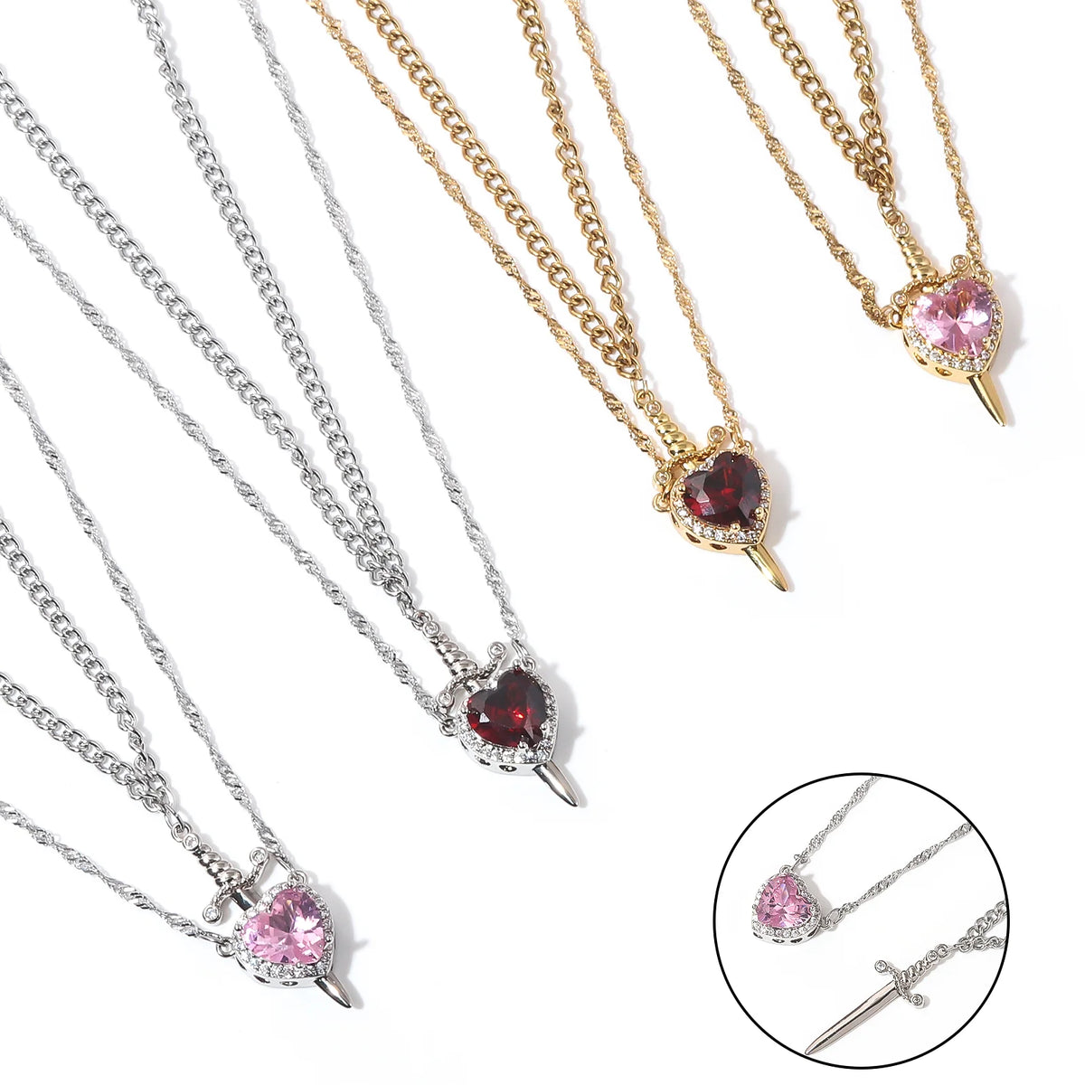 LATS 2pcs Can Be Assembled Heart and Sword Zircon Pendant Necklace for Women Men Couple Silver Gold Plated Choker Chain Jewelry
