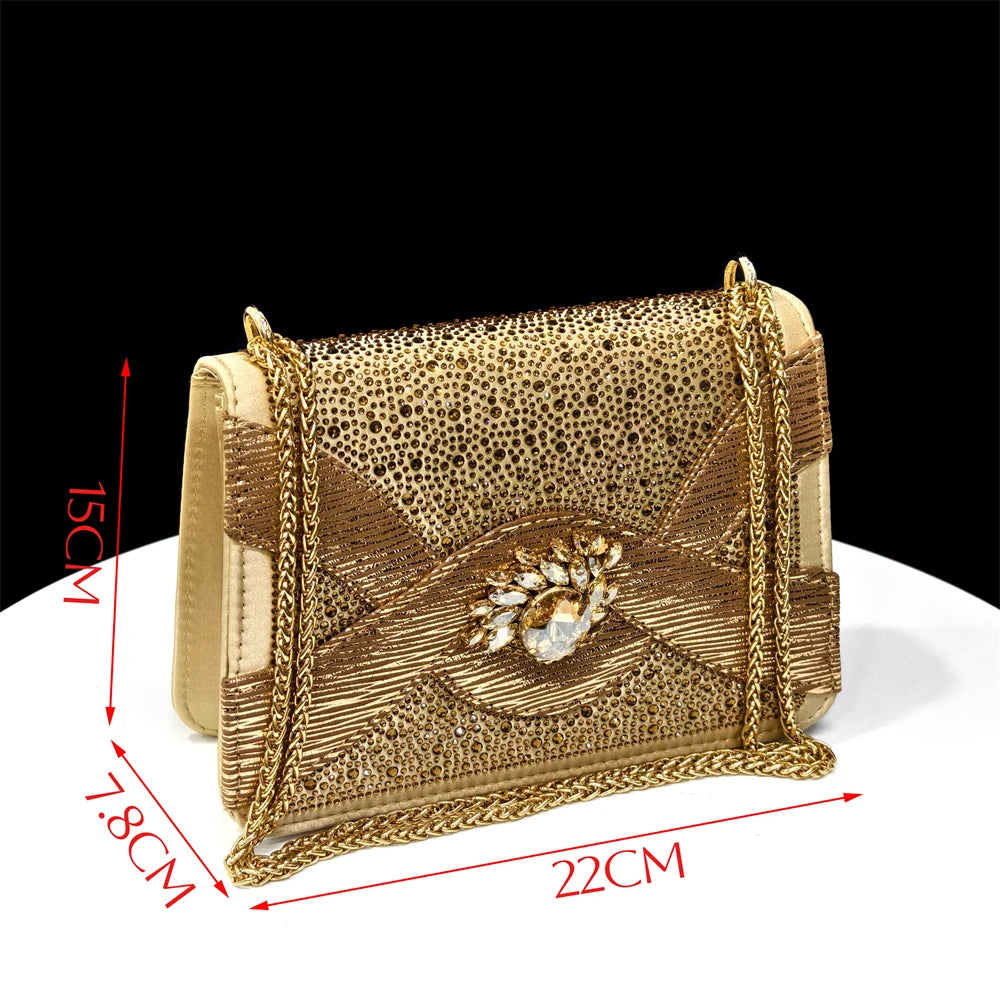 Venus Chan Elegant 2025 Gold Peep-Toe Heels with Diamond Accents - Italian Matching Pumps and Bag Set for Parties