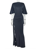 Joskaa Elegant O-Neck Half Sleeve Backless Ruched Slit Bodycon Maxi Dress for Woman 2025 Fall Birthday Evening Vacation Clubwear