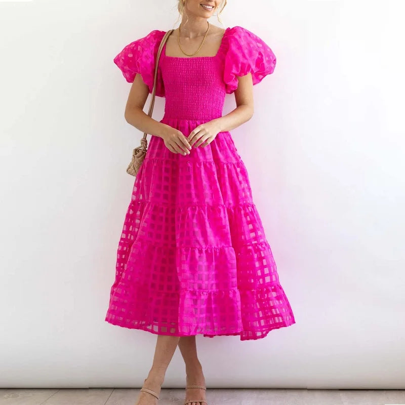 Fashion Party Maxi Dresses Women Holiday 2023 New Solid plaid Pleated A-line Dress Summer Women SHort Puff Sleeve Dress Elegant