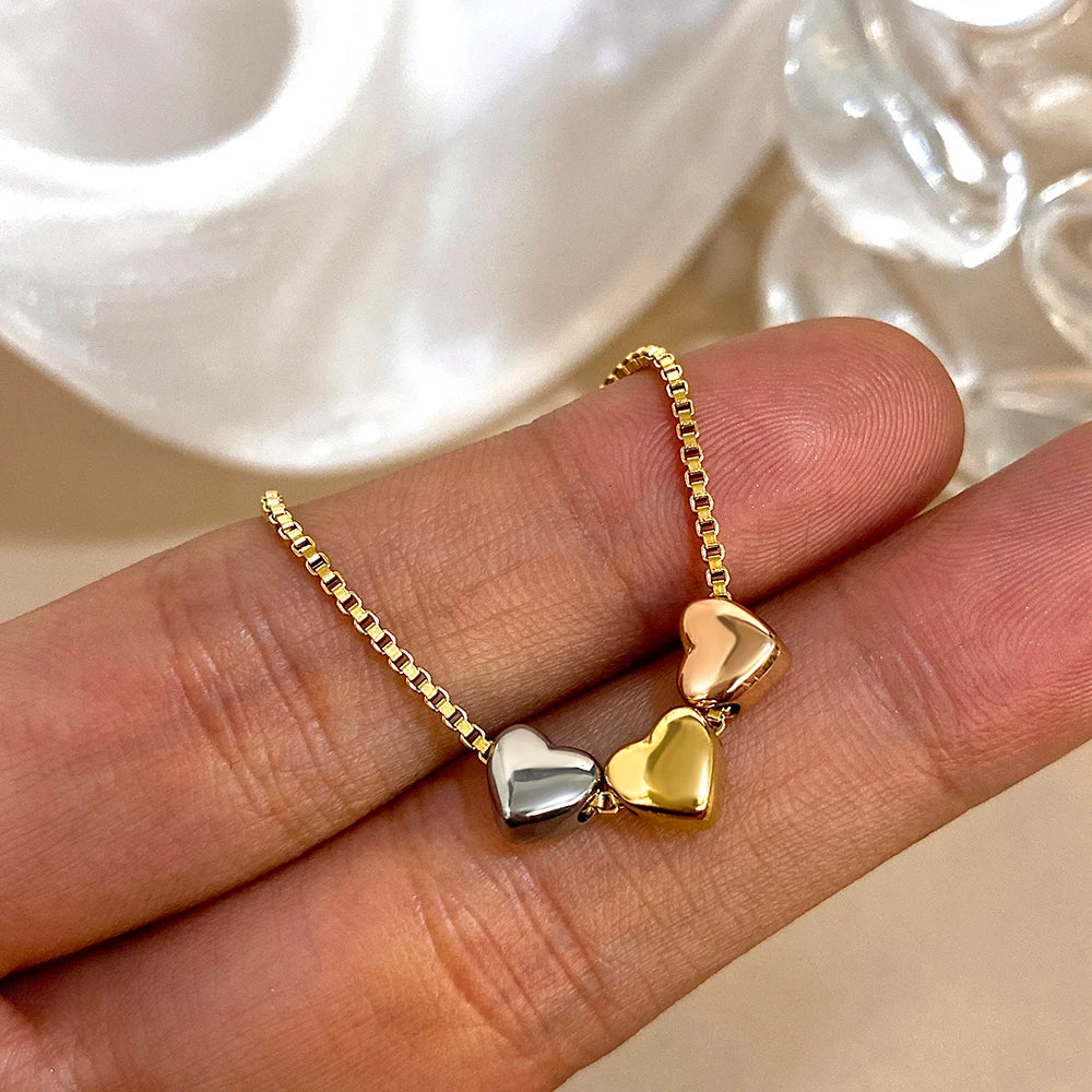 Cute Triple Color Heart Beads Necklace for Women Fashion Gold Plated Stainless Steel Charm Necklaces Waterproof Jewelry