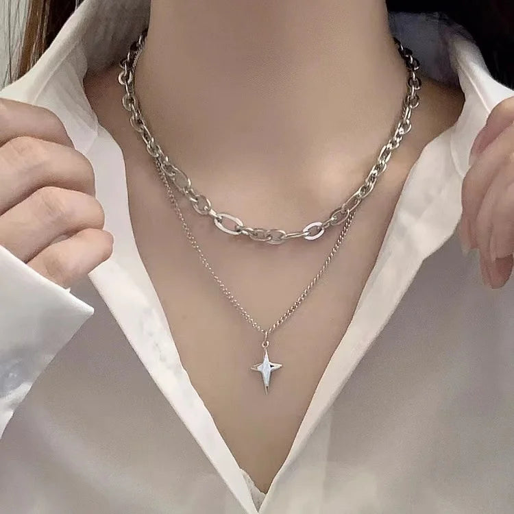 New Design Double Layer Link Chain Cross Star Necklace for Women Man Teens Trendy Punk Hip Hop Stainless Steel Choker