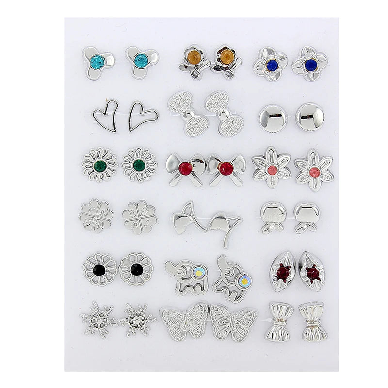 18 Pairs Colorful Rhinestone Hollow Flower Animal Mix Style Plastic Stud Earrings Set For Women Girls