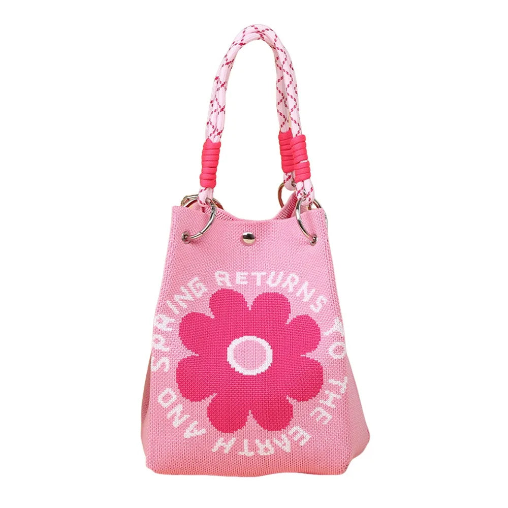 Cute Cartoon Knitted Bucket Bag Handmade Woven Ring Buckle Wrist Bag Large Capacity Tote Bag for Women Girls
