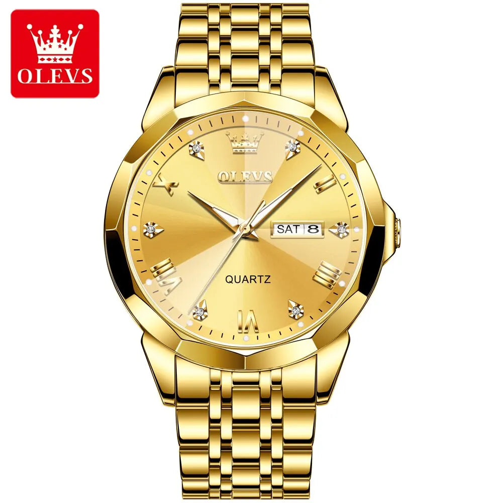 OLEVS Men's Watches Rhombus Mirror Original Quartz Watch for Man Waterproof Luminous Stainless Steel Wristwatch Male Date Week