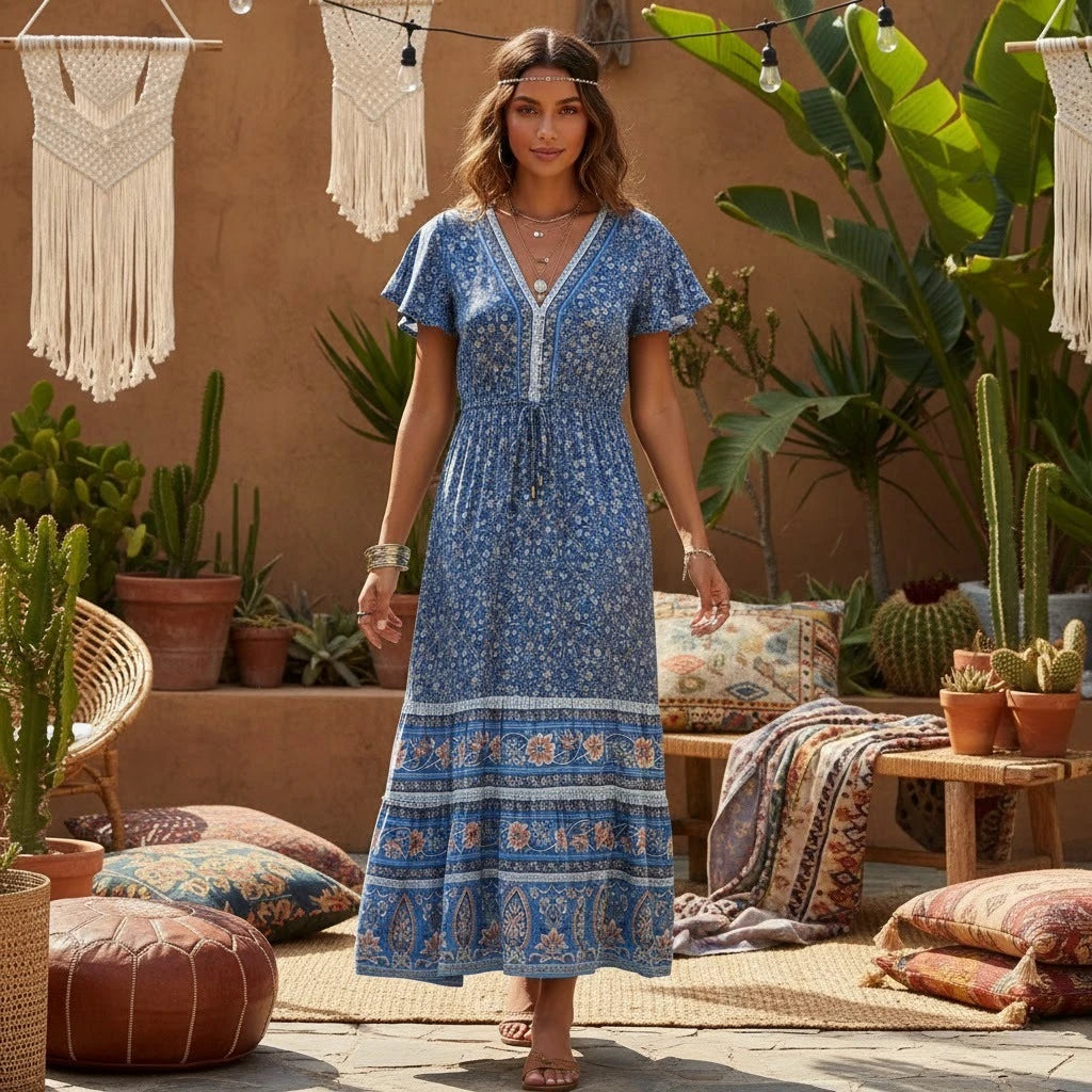 Happie Queens Women Floral Print  Beach Bohemian Rayon Maxi Dresses Ladies Deep V Neck Button Boho Pleated Dress Vestidos