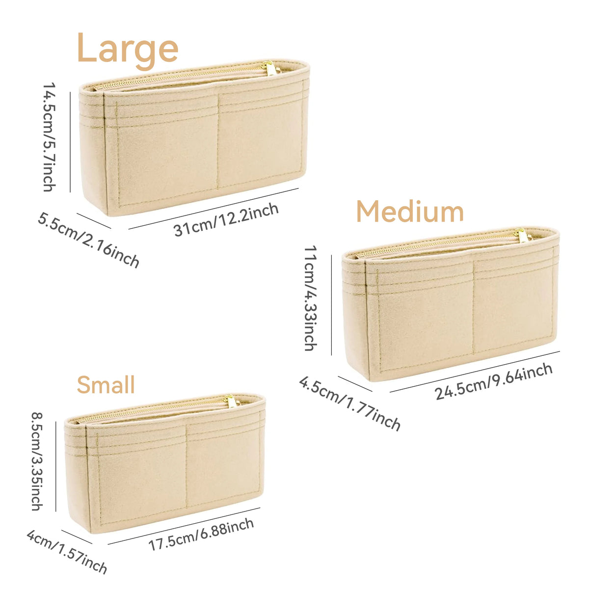 Felt Purse Organizer Insert with Zipper – Inner Liner Pouch for Shoulder Bags, Handbags & Totes, Women Storage Bag, 3 Size