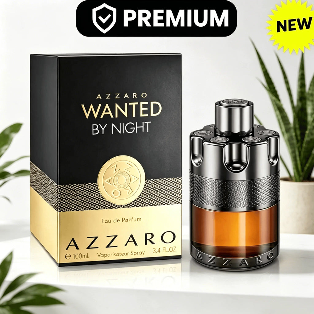 Azzaro Wanted By Night Eau De Parfum 100ML With Original Brown Gold Gift Box Long Lasting Rich Warm Spicy Tobacco Vanilla Woody Fragrance Men Perfume Silver Cap Transparent Amber Liquid Bottle Night Club Masculine Scent Holid